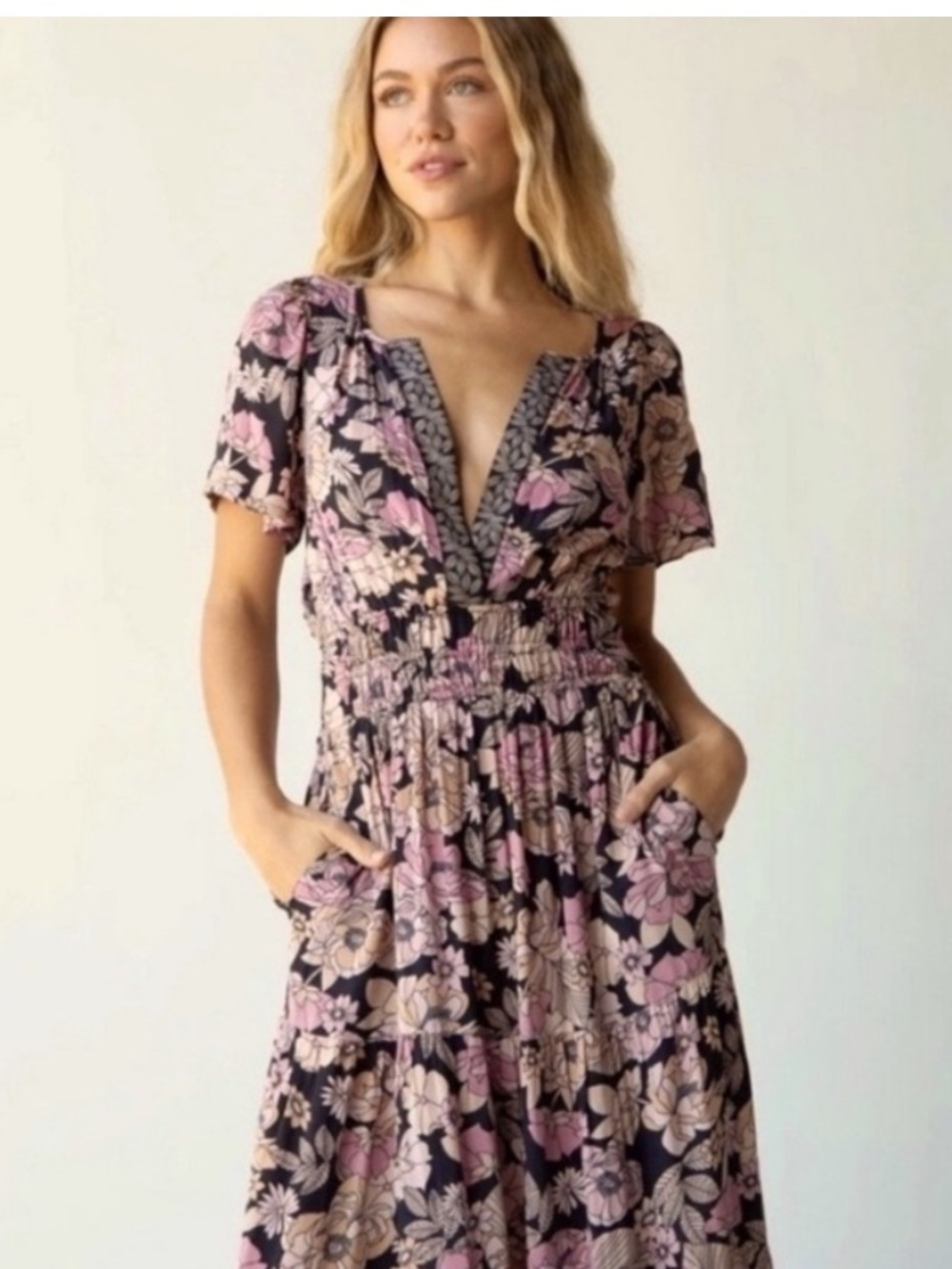 Natural Life Bella Floral Maxi Dress Tiered Pink Floral Prairie Boho Cottage S - Picture 4 of 15